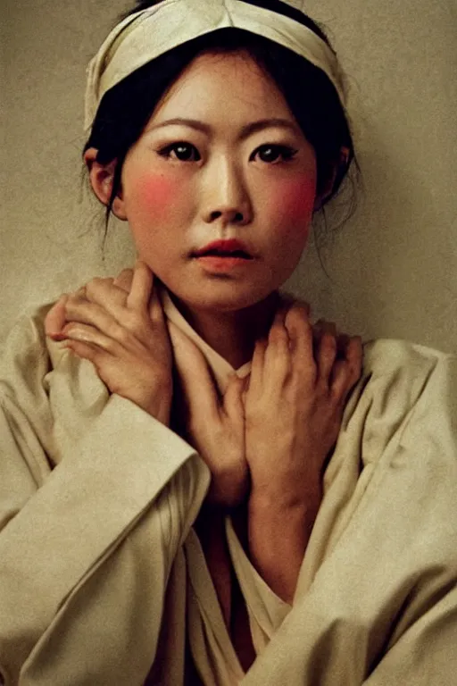 Image similar to hyperrealism close-up fashion asian woman portrait by Terry Richardson photo from The Holy Mountain by Alejandro Jodorowsky in style of Francisco Goya