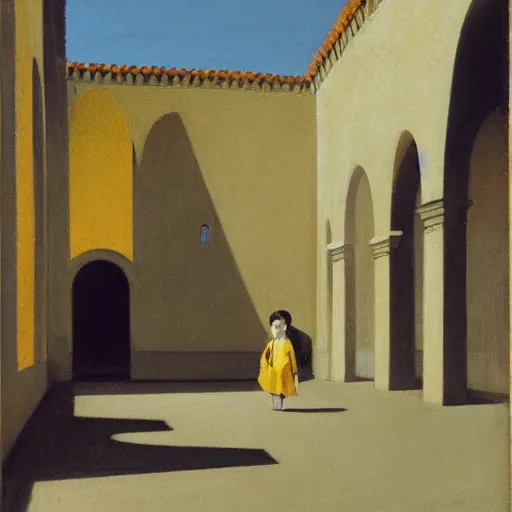 Image similar to in the distance, a little girl with short black hair and wearing a yellow coat alone in the inner courtyard of a cloister in an abbey, the light is bright and wintry, painting by hopper and de chirico