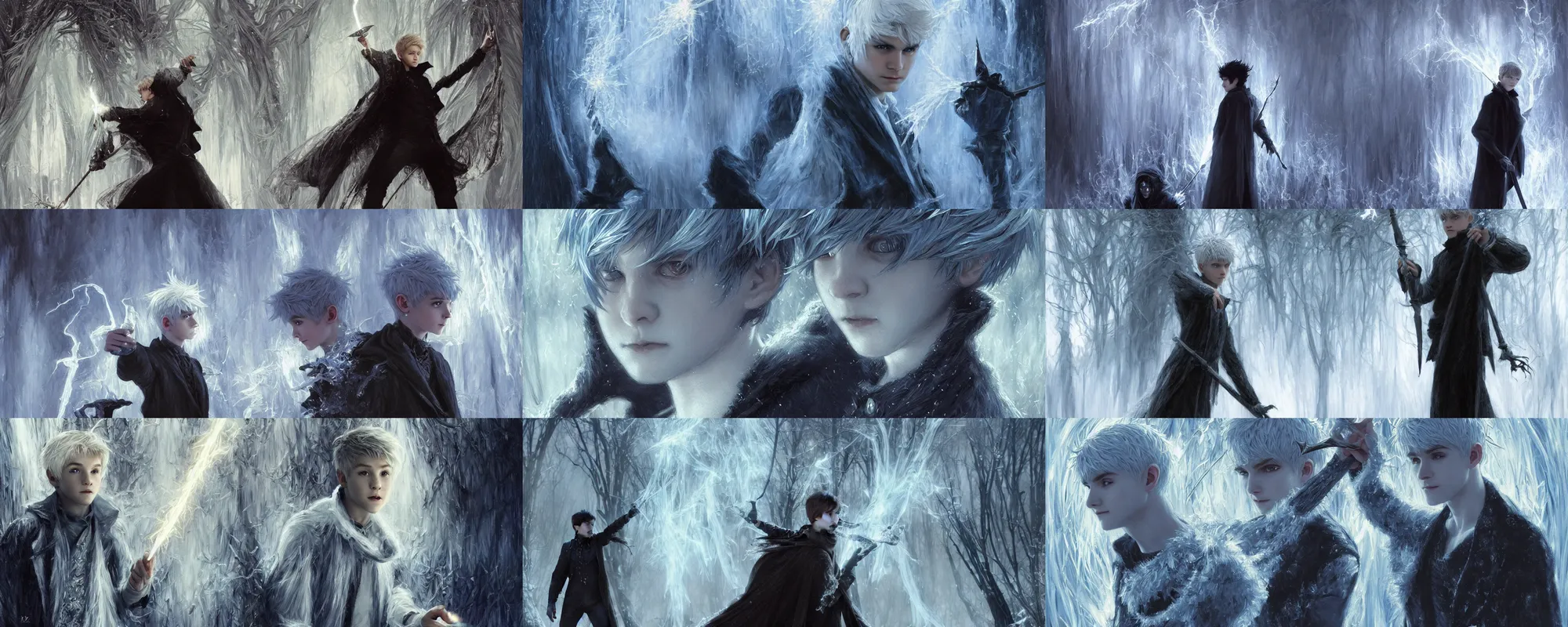 Prompt: Jack Frost young male magician casting a lightening spell, movie still, movie screen shot, fantasy, intricate, elegant, highly detailed, digital painting, artstation, concept art, smooth, sharp focus, Frozen II illustration, art masterpiece by art by Krenz Cushart and Artem Demura and alphonse mucha, ArtGerm, Jon Lothian, Danilo Torres, Adi Meyers, Thomas Reimann, Gaston Bussiere