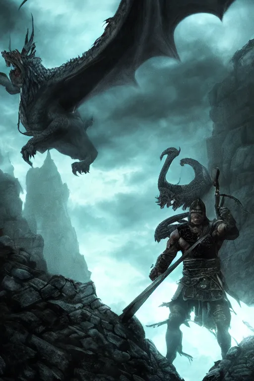 Image similar to 28mm Photo of conan the Barbarian, fighting a giant dragon in a dungeon, in the style of greg rutkowski, concept art, rim lighting, dark souls, unreal, ray tracing