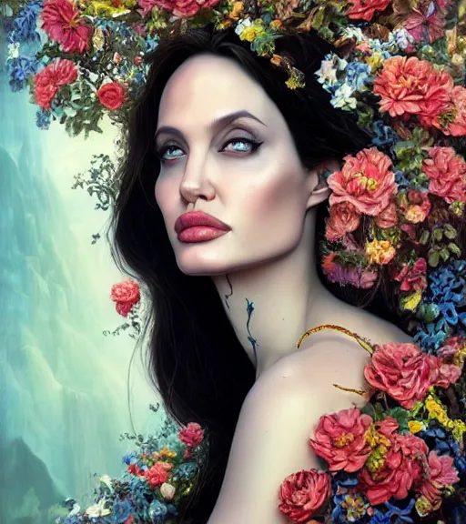 Prompt: portrait of the young angelina jolie of the underworld, surrounded by flowers by karol bak, james jean, tom bagshaw, rococo, trending on artstation, cinematic lighting, hyper realism, octane render, 8 k, hyper detailed.