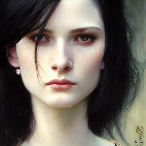 Image similar to Portrait of a beautiful, pale skin, female with long black hair, dark, piercing eyes, gentle expression, elegant clothing, photorealistic, highly detailed, artstation, smooth, sharp focus, art by Klimt, artgerm, Greg Rutkowski and Alphonse Mucha