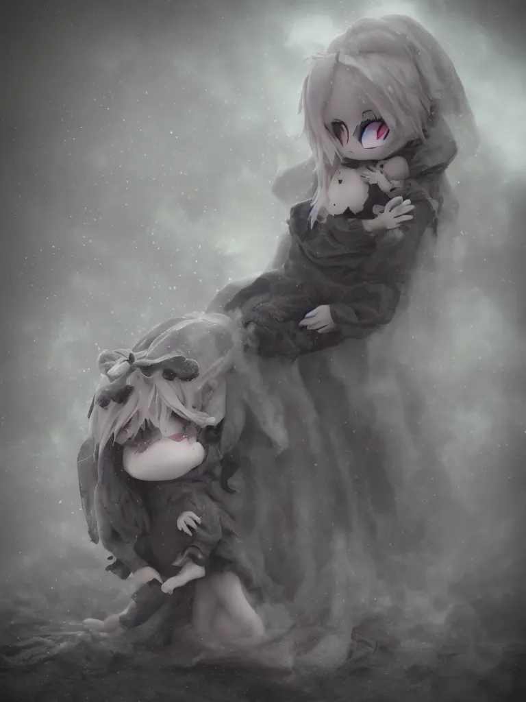 Image similar to cute fumo plush of a cursed frail witch girl held tight in the arms of a translucent ghost mother, hugging and cradling, anime, melting volumetric smoke and fog, environment map pbr reflective stormy water, gothic maiden, bokeh, vignette, vray