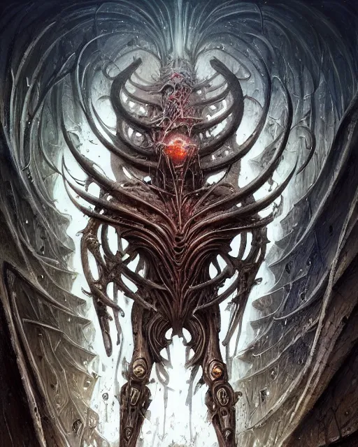 Image similar to cyborg daemonhost, by antonio j. manzanedo, giger, alex grey, android jones, wayne barlowe, philippe druillet, raymond swanland, cyril rolando, josephine wall, harumi hironaka, trending on artstation