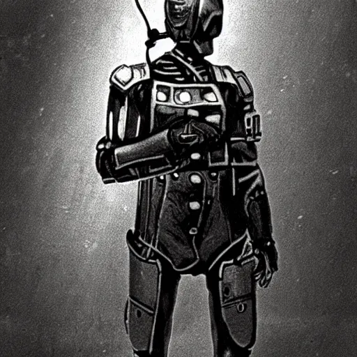 Image similar to grainy 1800s photo of a cybernetic soldier in a city