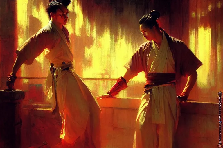 Image similar to wuxia, summer, attractive male, neon light, painting by gaston bussiere, craig mullins, j. c. leyendecker