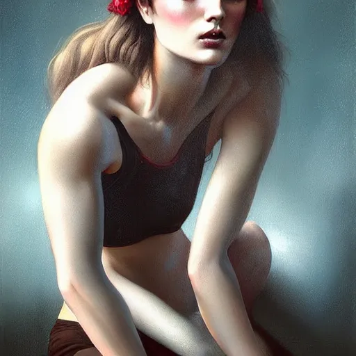 Image similar to painting of a very beautiful girl with muscles, by tom bagshaw, greg rutkowski, wlop