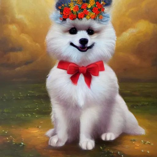 Image similar to anthromorphic fluffy pomeranian puppy dressed in princess robe and flower crown, detailed 4 k oil painting