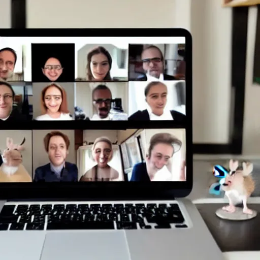 Prompt: 9 mice on a video call