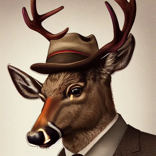 Image similar to a upper body portrait of a deer in a pinstriped suit and pants wearing a fedora with the antlers sticking out of the fedora adjusting his tie by artgerm and wlop, intricate detail, digital art, photorealistic, trending on artstation