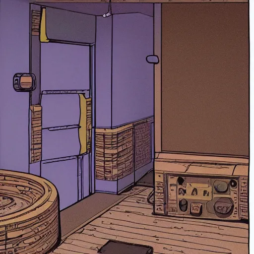 Image similar to an illustration of a brown basement by moebius