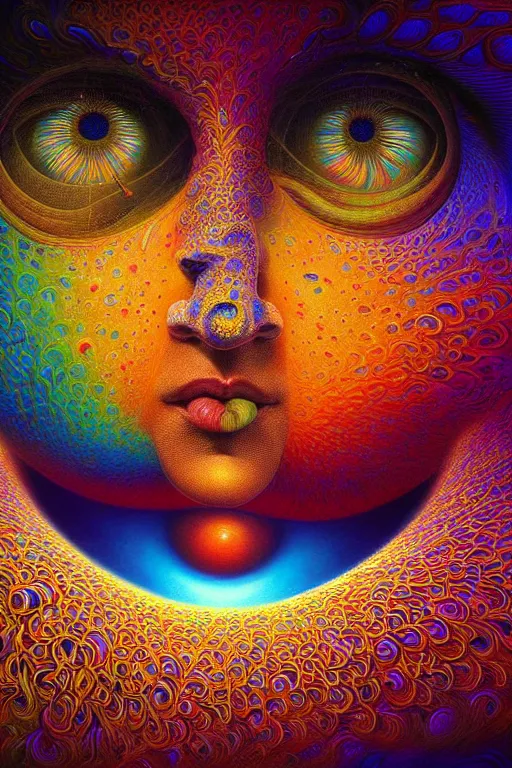 Image similar to hyperrealistic abstract close-up Renaissance psychedelic!! celestial happy! pure creature!! peaceful! kind spirit of nature! beautiful fractal!! eyes! highly detailed concept art eric zener elson peter cinematic hard rainbow lighting high angle hd 8k sharp shallow depth of field endless, inspired by Zdzisław Beksiński Salvador Dali