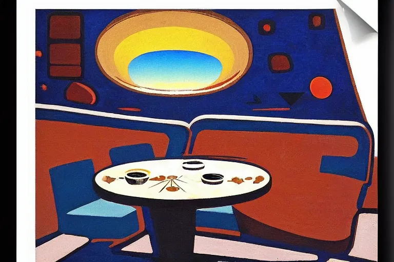 Image similar to coffee shop in a spaceship by robert theodore mccall