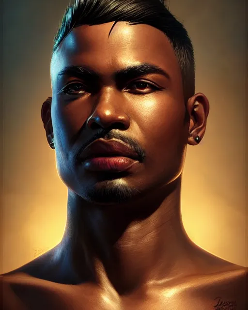 Prompt: emperor of seven seas male portrait, chocolate. attractive, fierce, masculine. highly detailed, intricate background, digital painting by ilya kuvshinov, greg rutkowski, simon stalenhag, thomas kinkade, victo ngai. unreal engine, blender, octane, ray tracing. luminous, sharp focus, masterpiece, post processing, deviantart