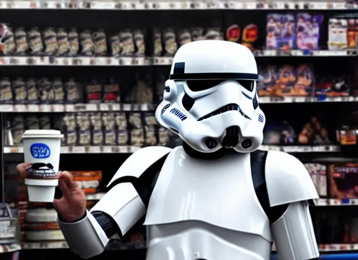 Prompt: film still of a storm trooper holding a cup of coffee in a convenience store working as a clerk in a convenience store checking out a storm trooper in the new Star Wars movie, 4k, black and white
