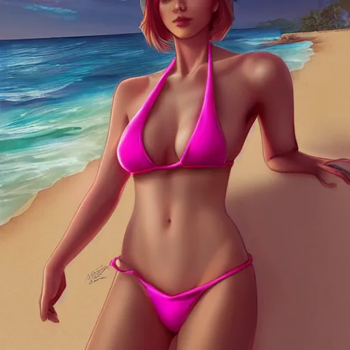 Image similar to beautiful pink gamer girl in a bikini on the beach drawn by artgerm