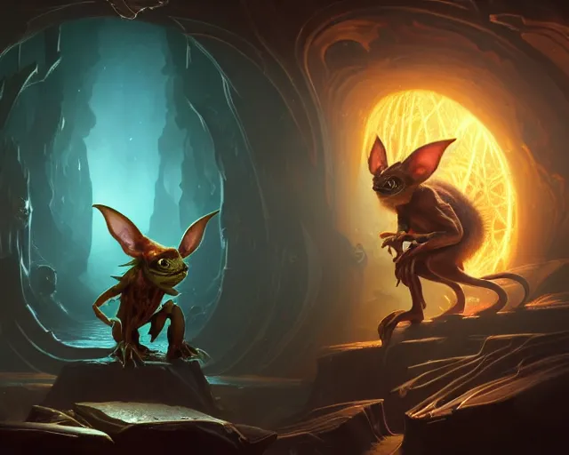 Image similar to a 4 k cinematic screenshot still portrait of a gremlin in a dark liminal space room surrounded by amber, deep focus, d & d, fantasy, intricate, elegant, highly detailed, digital painting, art station, concept art, matte, sharp focus, illustration, dark fantasy style art, hearthstone, art by artgerm and greg rutkowski and alphonse mucha