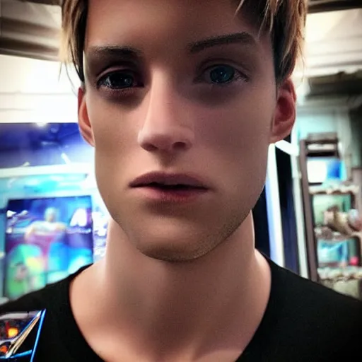 Image similar to “a realistic detailed photo of a guy who is an attractive humanoid who is half robot and half humanoid, who is a male android, singer Grant Knoche, shiny skin, posing like a statue, blank stare, on stage, on display”