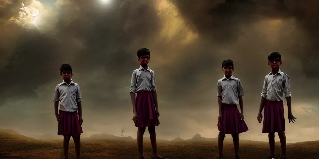 Image similar to kerala school boys wearing girls dresses posing for a photo, an epic fantasy, dramatic lighting, cinematic, establishing shot, extremely high detail, photorealistic, cinematic lighting, artstation, matte painting by christopher nolan, horizon forbidden west