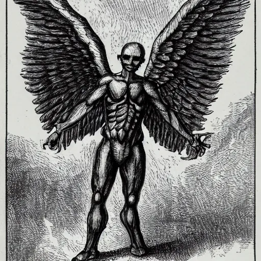 Image similar to humanoid with left half angelic wing and right half demonic wing, arms crossed in a dungeon