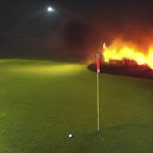 Prompt: “photo of a golf flagstick ⛳️ on fire and burning and on fire glowing in the dark night with lots of smoke and fog on golf course green grass at night, sparks flying everywhere. Flash photo. Cursed image.”