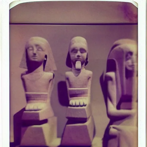 Image similar to Polaroid photo of fragmented Egyptian sculpture of the Beatles