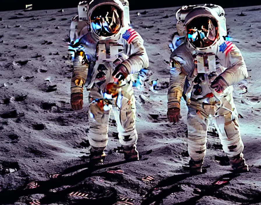 Image similar to One small step for man, one giant leap for man kind; zombie Neil Armstrong lands on the moon hoisting a neon American flag; cyberpunk moon landing; rendered by unreal engine 5; ultra high detail painting; 4K 8K; stunning composition; illustration; rich hues; saturated Miami Vice neon