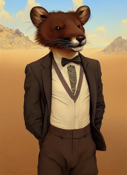 Prompt: Character portrait of a happy furry anthro weasel wearing a tan vest, bowtie, black slacks in the desert wilderness, intricate, elegant, highly detailed, digital painting, artstation, concept art, smooth, sharp focus, illustration, art by Krenz Cushart and Artem Demura and alphonse mucha