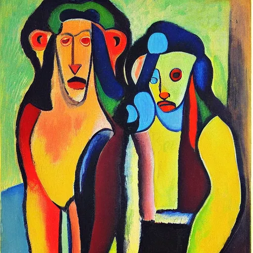 Image similar to painting of a lion female and a male, in a city, by alexej von jawlensky