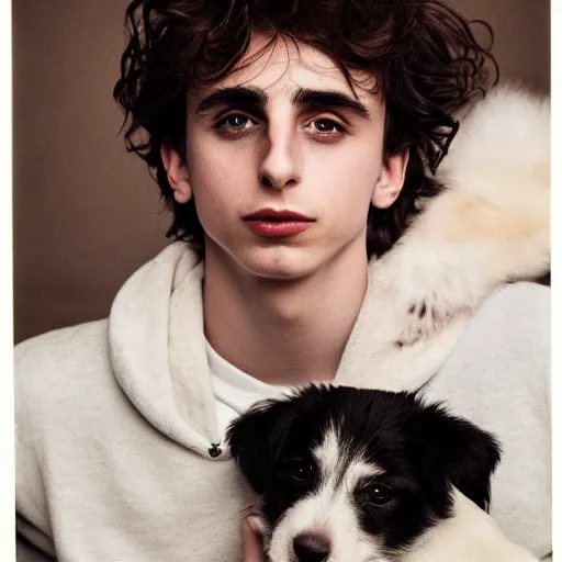 Prompt: timothy chalamet and a puppy, leica s, 5 0 mm lens, kodachrome, 1 9 6 9, shot by platon - h 8 0 4