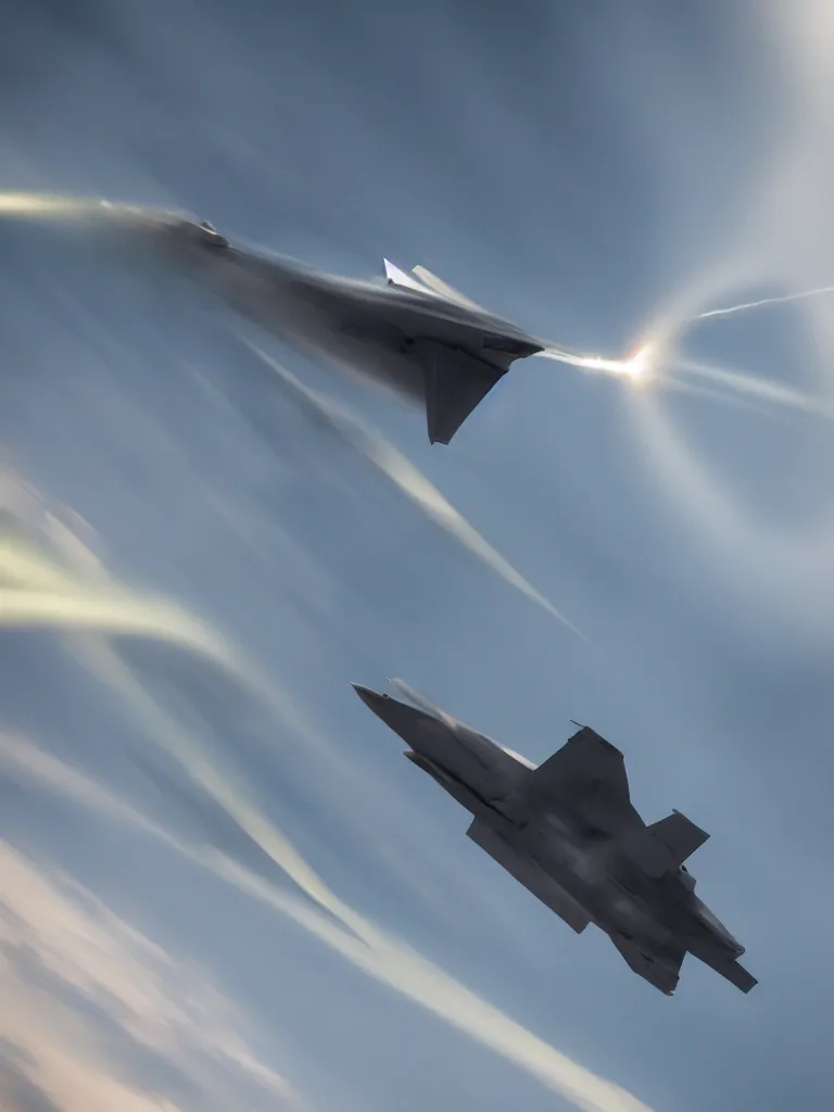 Prompt: a photo of a futuristic fighter jet breaking the sound barrier, extremely high aperture, focus on subject, cinematic, perfect lighting, strong composition.