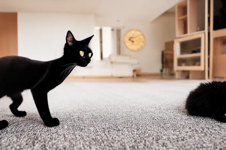 Prompt: a cute black cat meowing while standing on the shiny wooden house floor with some carpeting around it, photograph, 4 k