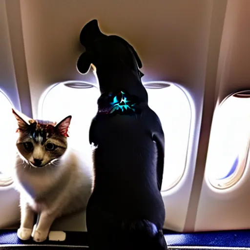Prompt: photograph of row of airplane seats with a dog looking out the window, photograph of cat sitting next to a dog on an airplane, dog and cat sitting together on an airplane, cat and dog next to each other on an airplane, midday photograph, 4 k, award winning