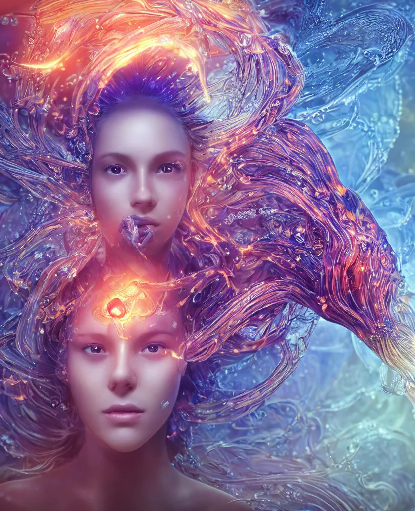 Image similar to close-up macro portrait of the face of a beautiful princess, epic angle and pose, symmetrical artwork, 3d with depth of field, blurred background, cybernetic jellyfish female face skull phoenix bird, translucent, nautilus, energy flows of water and fire. a highly detailed epic cinematic concept art CG render. made in Maya, Blender and Photoshop, octane render, excellent composition, cinematic dystopian brutalist atmosphere, dynamic dramatic cinematic lighting, aesthetic, very inspirational, arthouse. y Greg Rutkowski, Ilya Kuvshinov, WLOP, Stanley Artgerm Lau, Ruan Jia and Fenghua Zhong