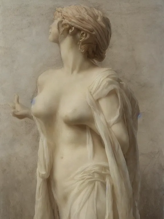 Prompt: sculpture of a sad fragile beautiful veiled girl covered in translucent flowing dress, exaggerated drapery, classical greece, alla prima, oil painting, by giovanni strazza and raffaelo monti