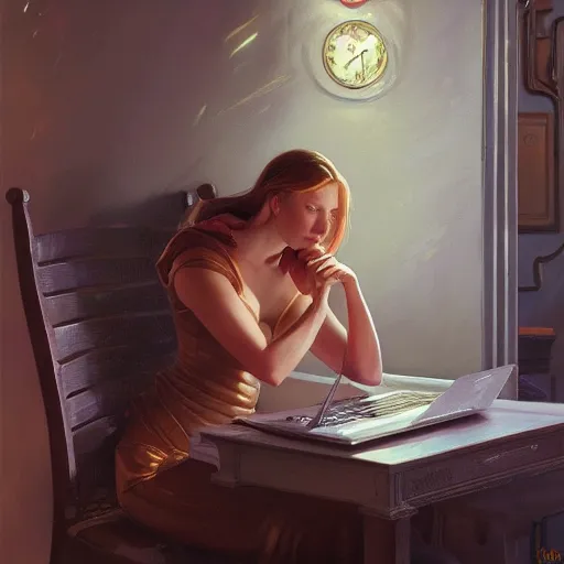 Prompt: a full shot of nice girl working on her laptop at night, detailed, centered, digital painting, artstation, concept art, donato giancola, Joseph Christian Leyendecker, WLOP, Boris Vallejo, Breathtaking, 8k resolution, extremely detailed, beautiful, establishing shot, artistic, hyperrealistic, beautiful face, octane render