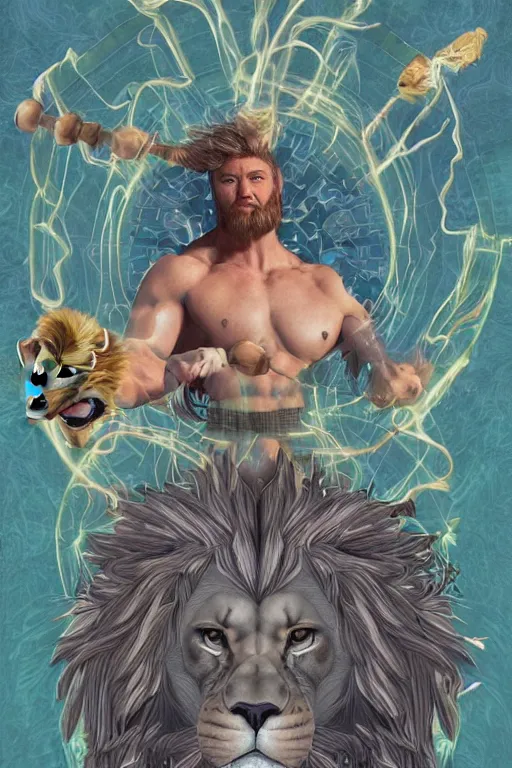 Image similar to hyperreality illustrator from karah mew in collaboration with jennifer mccord and tetsuya nomura, depicting hercules against the cremean lion, this image is very detailed and also very aesthetic, winning an award as the best pop art illustration of this century.