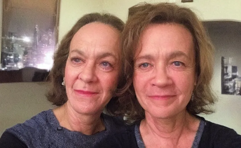 Prompt: my aunt look like Tom Hanks if he was a woman lol, close-up, uncomfortable, phone quality, camera flash on, viral photo, viral on instagram