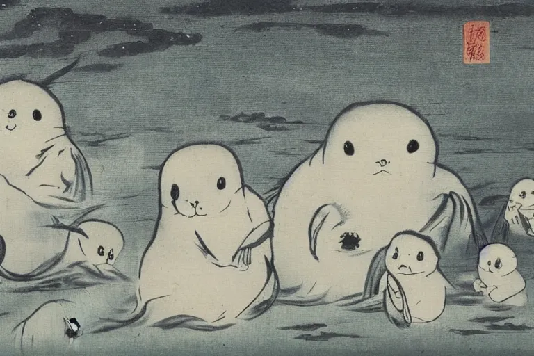 Prompt: baby harp seal demons, scary, Japanese painting, 1800s
