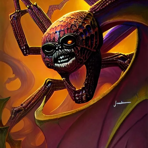 Prompt: humanoid spider. The mood is weird and menacing. dungeons and dragons portrait. highly detailed, digital painting, artstation, concept art, sharp focus, illustration, art by Josh kirby and John romita jr and moebius