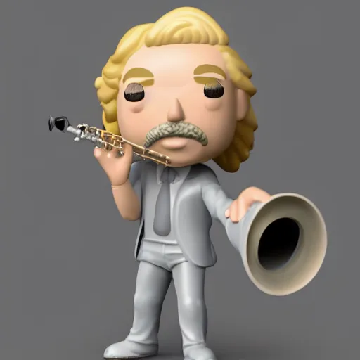 Image similar to a 3d render of blond hippie man playing the sax as a funko pop, studio lighting, grey background