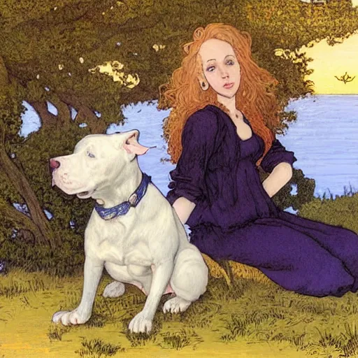 Prompt: pretty girl with curly blonde hair sits next to her white pitbull, sitting on a riverbank watching the sunset, painting by rebecca guay