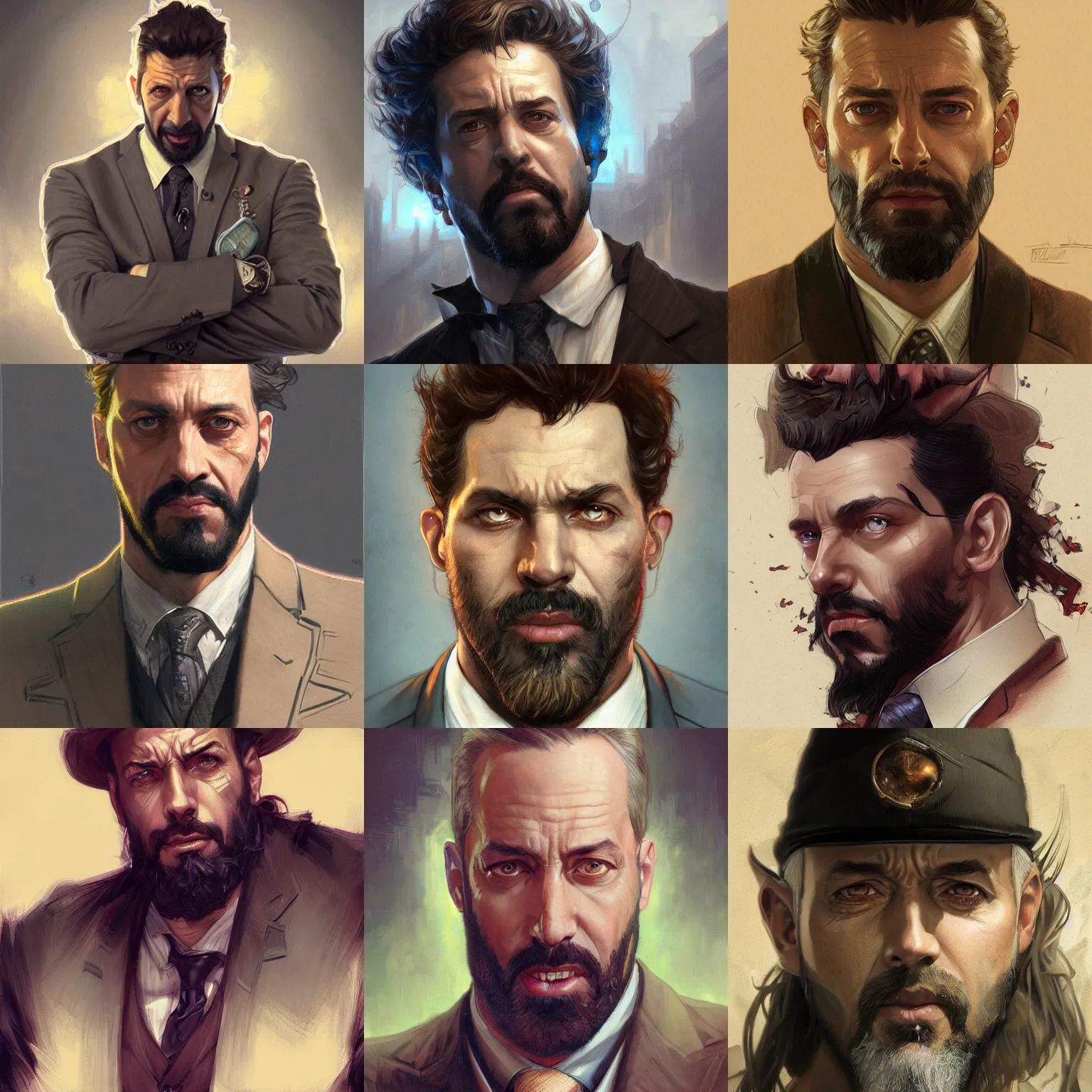 Prompt: rugged man with goatee in suit, fantasy, D&D, portrait, piercing stare, highly detailed, digital painting, artstation, concept art, sharp focus, illustration, art by artgerm and greg rutkowski and alphonse mucha