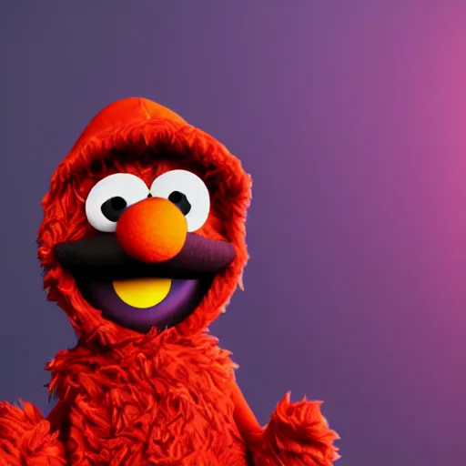 Image similar to Elmo from sesame street dressed up as a mega stylish rapper, wearing a hoodie and gold chain and backwards hat, in New York City, highly detailed, 4K, moody lighting, 90’s vibe, 3d render, octane redshift, 8k