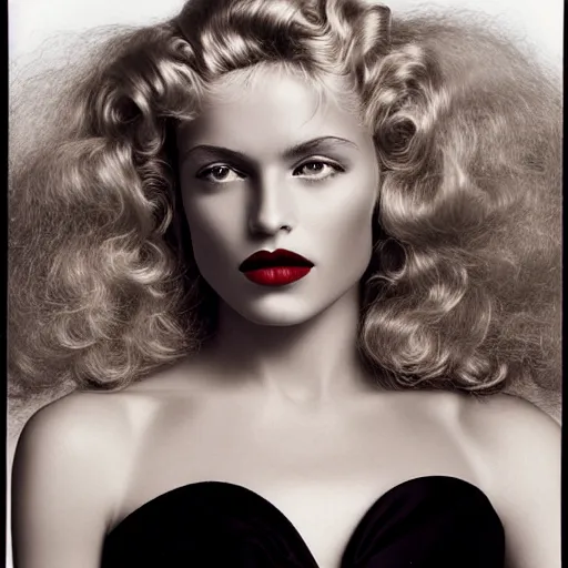 Prompt: stunning award - winning portrait of a beautiful blonde woman by herb ritts. long curly glossy hair and makeup. vintage glamour. shiny dark lips.