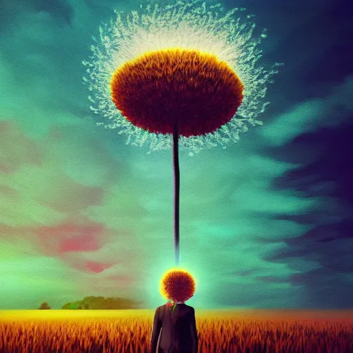 Prompt: giant daisy flower covering head, frontal, a girl in a suit, surreal photography, sunrise, dramatic light, impressionist painting, digital painting, artstation, simon stalenhag