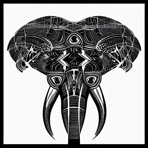 Prompt: a stylized elephant skull, geometric patterns, front view, black background, unreal engine, concept art, album cover, dry brush wash