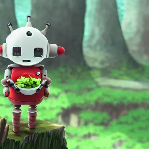 Image similar to cute little smiling robot with tomato hat and one chive in one hand, made in abyss style, standing on a forest