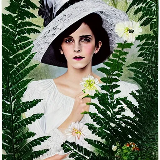 Image similar to full body fashion model emma watson smokey eyes makeup eye shadow fantasy, glow, shimmer as victorian woman in a long white frilly lace dress and a large white hat having tea in a sunroom filled with flowers, roses and lush fern flowers ,intricate, night, highly detailed, dramatic lighting , high quality by Hasui Kawase by Richard Schmid