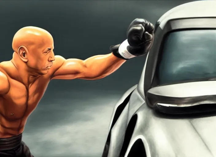 Image similar to vin diesel as saitama punching a car, hyperrealism